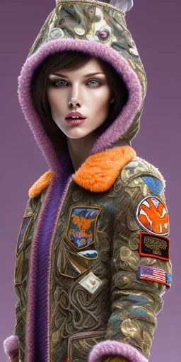 Brunette woman. average body type, think thighs and thick calves. Mantle is sewed of recycled Denim and sewed together of camouflage pieces. Printed camouflage figures are orange,terracotta, cream and purple. It is with big bright purple felt tippet and cream-colored-hood. mantle is merged with satchel. . AKG-style headphones (gold rings!) is merged with small felt cap with small visor. Style: Haute Couture in 1936, Paris fashion in 2023, inspired by street art. Cream latex gaiter.