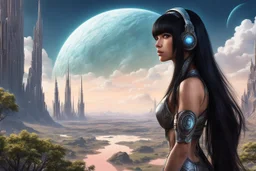 exotic slim sci-fi girl, with long dark hair with bangs, on an alien planet with cloud trees, tall spires, buildings, bridges, arches, photorealistic