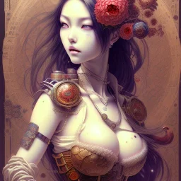 beautiful steampunk huge girl, hyper detailed, hyperdetailed, intricately detailed, illustration by _Katsushika Hokusai_ _Yoji Shinkawa_, guts, soft smooth lighting, intricate, wildflower, darkblue tones, background liquid,soft pastel colors, red tones, nice, darkred tones, high lighting,