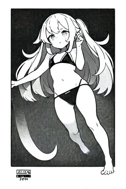 bikini long hair thin girl with leg in abyss pool, greyscale, tiny pose, screen tones