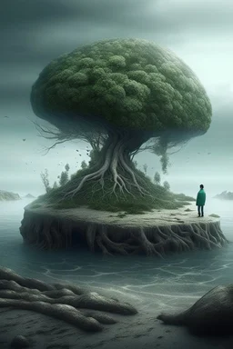 stark digital elements, creating surreal scenes that illustrate the impact of humankind on nature