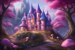 a pink castle with blue roof, Various colors, purple, gold, rose, mushrooms, gemms and diamond with lucioles light, panoramic view, A large glowing purple amethyst into a forest with flowers blues and pink, extremely high-resolutioan details, photographic, realism pushed to extreme, fine texture, incredibly lifelike perfect shadows, atmospheric lighting, volumetric lighting, sharp focus, focus on eyes, masterpiece, professional, award-winning, exquisite detailed, highly detailed, UHD, 64k,