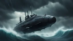 distopian batman speed submarine diving through stormy ocean on an alien planet