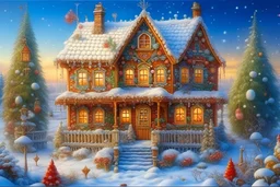 house gingerbread exterior in snowy landscape. Dmitry Vishnevsky, Josephine Wall. Catherine Welz Stein, Anna Bocek. very cute, bright, excellent quality, colorful, high detail, clear focus, imaginative, elegant, extremely detailed, imaginative, 8k, very attractive, beautiful, fantastic view, hyperrealistic, over-detailed, high resolution, excellent quality,