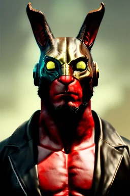 Medium Close Up Portrait, Front image. cyberpunk, rabbit mask helmet, strong man, gold hair. latex suit. Black, red, color. Hellboy style. Color background, photo studio. Avatar image, highly detailed, concept art, smooth, unreal engine 5, ray tracing, RTX, lumen lighting, ultra detail, volumetric lighting, 3d, finely drawn, high definition, high resolution.