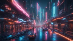 A vibrant cyberpunk city where every building and street is integrated with advanced robotics and automation. Neon lights reflect off the metallic surfaces of robotic pedestrians, and automated vehicles zip through the air along magnetic tracks, Ultra Realism, beautiful intricate insanely detailed octane render, 5d, 16k, artistic photography, natural volumetric perfect light, chiaroscuro, award-winning photograph, masterpiece, rule of thirds, 80mm lens, adjust perspective