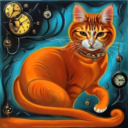 Orange longhairs cat with a clock, surrealism in the style of Salvador Dali