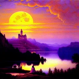 Drawing of 'Medieval Romanian Castle',mountain,lake,full moon, by gaston bussiere, greg rutkowski, yoji shinkawa, yoshitaka amano, tsutomu nihei, donato giancola, tim hildebrandt, oil on canvas, cinematic composition, extreme detail,fit full head inside picture,16k