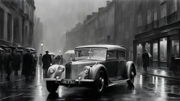 [grayscale : vivid: 16] painting depicting a silver (elongated:1.3) 1934 Rolls Royce Phantom II Continental on the streets of 1930's London, rear view, rainstorm, visible rain, dark sky, man holding umbrella in background, highly detailed, absurdres, masterpiece,