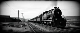 old western railroad, grayscale, antique pinhole photo