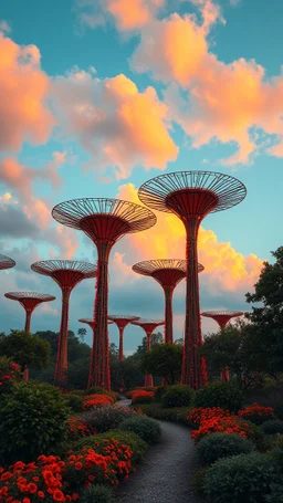 A garden of wired out of this world trees with light orange sky in style surreal