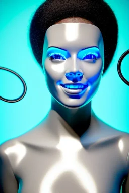 Technological singularity. Fake smile, camera-eyes, cables, selfies, 3D-tiles background, lighted shelf full of heads. Cyber-punk full-mask. Lay figure woman with plastic milky, plank skin. Repugnant behavior. Haute Couture 90's long tippet. Light right. Silver, black, Cyan. Huge headphones. Golden rings and discs. Thick tights, Thick calves, Curved fell, Wide hip. Secretly change her head to another, from the tower, which reveal her ugliness, haughty.