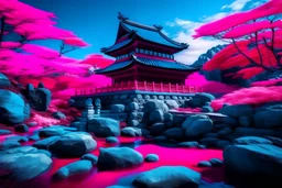 japan temple, rocks, lagoon, vegetations, epic, neon pink and blue colors, maximal details, soft light, 16k , high contrast, 35mm canon real photo quality,