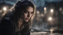 Photoreal close-up of a gorgeous rogue woman crouched in the shadows on an old village rooftop in pouring rain at midnight by lee jeffries, otherworldly creature, in the style of fantasy movies, shot on Hasselblad h6d-400c, zeiss prime lens, bokeh like f/0.8, tilt-shift lens, 8k, high detail, smooth render, unreal engine 5, cinema 4d, HDR, dust effect, vivid colors
