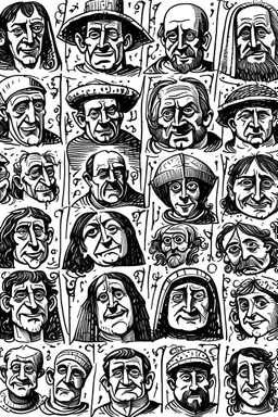 a sheet of paper showing diferent medieval faces of diferent medieval people with diferent expressions, some dramatic, somo happy. the style is minimal black and white stamp. in the sheet there are more than 5. very diverse court memebers and everyday people. man, woman, kids. white background