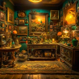 Diorama of old stuff in a room, sharp focus, 8k, 3d, very detailed, volumetric light, grim, fine art, very colorful, ornate, 35mm, F/2.8, insanely detailed and intricate, hypermaximalist, super detailed, decadent