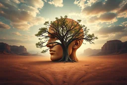 create a surreal image of a giant human head fused with the earth, surface made of dry cracked clay. A large tree grows through the hollow of the face, its branches spreading outward. The desert floor is ancient and textured, sky glows with soft sunlight and clouds. Poetic, mystical tone, ultra-detailed visual storytelling --v 7 --style raw --ar 3:4