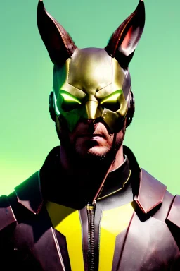 Medium Close Up Portrait, Front image. cyberpunk, rabbit mask helmet, strong man, titanium hair. Latex suit. Brown, yellow, color. Wolverine style. Color background, photo studio. Avatar image, highly detailed, concept art, smooth, unreal engine 5, ray tracing, RTX, lumen lighting, ultra detail, volumetric lighting, 3d, finely drawn, high definition, high resolution.