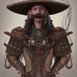 Insanely detailed photograph of an “portrait of a D&D fighter” with intricate Sombrero, intricate embroidered charo, mustachioed clear face and hyperdetailed painting by Ismail Inceoglu Huang Guangjian and Dan Witz CGSociety ZBrush Central fantasy art album cover art,8K, hdr, romantic, mysterious, ominous, cigar smoke, jewelry, comfort, natural eyes,naked,tasteful