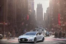A Tesla 'Model Y' is racing at top speed, near the 'Central Synagogue' in New York City. (CINEMATIC, WIDE ANGLE LENS, PHOTO REAL)