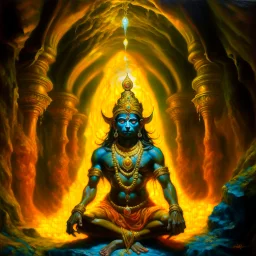 An oil painting of hindu god YAMA in a cave, neon gold colors, high detail eyes,