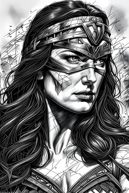 Wonder woman drawing, blindfolded, black nad white