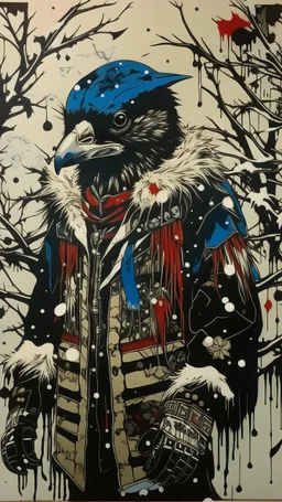 A contemporary serigraphy portrait by Kunisada of a crow adorned in a punk leather jacket within a snowy Christmas atmosphere.