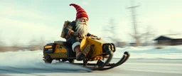 close up on gnome hit man with rocket boots in suit on a mech sled in winter wasteland, style of fallout 4, high speed with motion blur, on elevated road