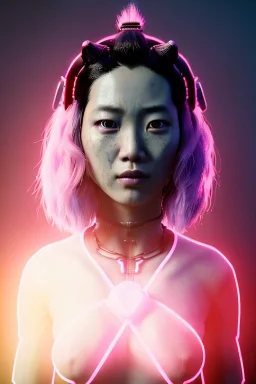 Ultra realistic portrait, Asian cyborg woman, samurai warrior :: symmetry photography, cyberpunk style, pink hair, glow makeup:: samurai armor, katana, japanese traditional ornaments, pink, white, black, glow eyes, cinematic, Ultra realistic, dark scene, soft color, highly detailed, unreal engine 5, RTX, ultra detail, 3d, finely drawn, high definition.