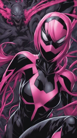 A close picture to Mix between gwenpool and symbiote, symbiote venom in background, pink and black custom, intricate details, highly detailedin in solo leveling shadow art style