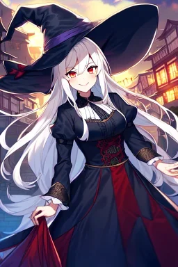 girl, masterpiece, best quality, cinematic lighting, detailed outfit, vibrant colors, perfect eyes, long hair, white hair, red eyes, witch outfit, smile, angry, landscape, town,