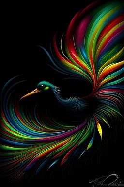 a painting of a bird of paradise on a black background, a digital rendering, inspired by Agnes Lawrence Pelton, psychedelic art, swirly liquid fluid abstract art, shusei nagaoka, color film still 1 9 7 7, deepdream cosmic, mana flowing around it, fractal of scary dirac equations