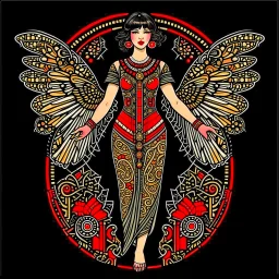 Full Body, Art Nouveau Woman With A Bob With A Fringe Hairstyle, Cleopatra Clothing, Steampunk Metal moth with red wings, Black Background