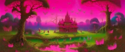 A magenta fairy kingdom with hearts designed in Australian aboriginal art painted by John Atkinson Grimshaw