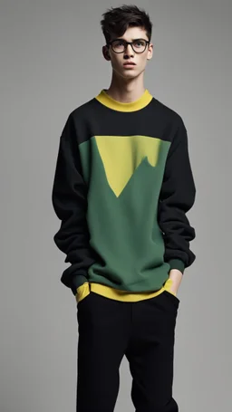 generate a tall guy with green eyes, black short hair, black rectangular glasses, plump lips, wide shoulders, in a black sweatshirt, black pants with pockets on the hips, yellow short socks, in black sneakers, wide shoulders, the guy is crying