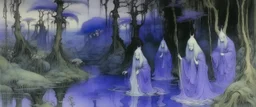 A violet swamp with yokai ghosts painted by Albrecht Durer