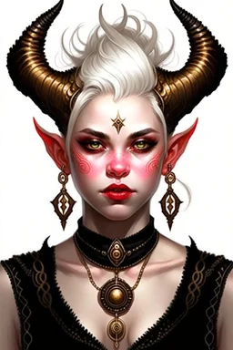 A young tiefling woman with a set of ram horns on her head encrusted with jewels, White-Blonde, short hair, black eyes, no pupils, dressed in white with lots of jewelry, beautiful, satanic tattoos on her neck, she looks like an angel