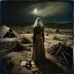 Photorealistic polaroid nothingness and distressing anguish old wooden figure wasteland night Max Ernst Hieronymus Bosch, volumetric light, shot on Hasselblad, movie shot, details of the dress accentuated, nightmare, hypermaximalist