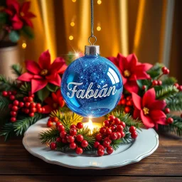 In this exquisite holiday scene, the focal point is a gleaming blue Christmas ornament inscribed with the name " Fabián " This magnificent ornament radiates light, standing out brilliantly among a vibrant arrangement of red poinsettias, clusters of red berries, and pine branches. The warm and inviting atmosphere is accentuated by the harmonious backdrop, which skillfully blends golden and dark hues. The ornament, displayed on a white plate and elegantly placed on a wooden surface, adds a touch o