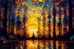 baroque style sunset in the forest, painting with kaleidoscopic touches, in the style of Claude Monet