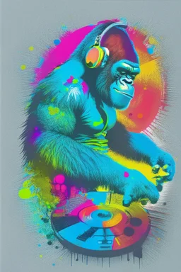 action shot of a Gorilla with headphone mixing music with Dj controller , DMT art,, tshirt vector, enclosed in a circle, vivid colours, sunshine, contour, white background