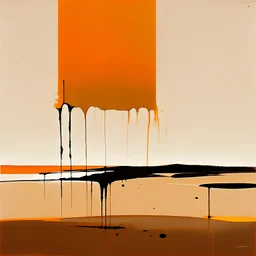 Melancholy Minimal abstract flat landscape painting. Rough brushstrokes and dripping paint. A single orange colour highlight with complimentary background colours. Use rule of thirds. Place the Horizon line at the top. Style of Justin Mortimer.Abstract empty landscape painting. Dripping paint. Rough. Minimal. Style of Justin Mortimer.