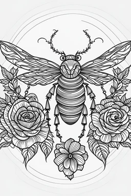 bee with roses idea, line art, background, vector, svg, black outline on white background, leave plenty of white space beetween lines for coloring, tattoo style, tattoo idea,full body, minimalist