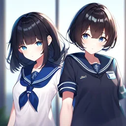 Clear focus,High resolution, Black short fluffy hair, and blue eyes, wearing a sailor uniform, frowning