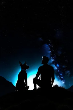 Black background on a mountaintop. Two silhouettes a fit man and a fit woman watching the stars sitting close to each other. A silhouette of a Belgian malinois sitting next to the men and the woman looking at the stars.