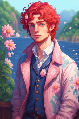 kind young sailor, man, red slightly curly hair, long jacket, pink-azure clothes, white floral pattern on the jacket, flower in the hair, stardew valley style