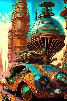 Cars and vehicles, steampunk sci-fi City, Chromolithography, weird, cinematic, psychedelic tableaux art, extremely detailed, high resolution, creative