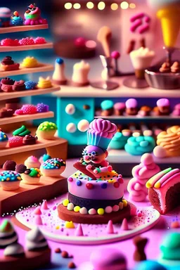 surrealistic image of toys baking and decorating delicious treats in a toy-sized bakery. You can have toy chefs decorating cupcakes, rolling out dough for cookies, and frosting cakes. Surround them with an assortment of mouth-watering pastries and candies.