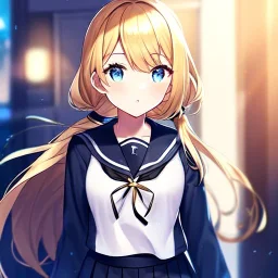 girl, masterpiece, best quality, volumetric lighting, detailed outfit, perfect eyes, long hair, golden hair, blue eyes, black stockings, school outfit, low ponytail,