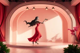 3d recusive stage with modern 3d structre and modern decoration a godoss lady dancing salsa with cute ,the background is evolving and animating
